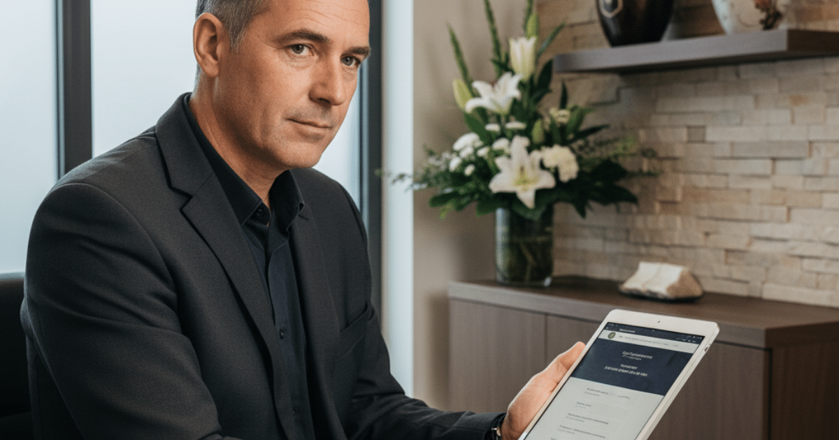 Stratégie digitale et pompes funèbres, photographie d'un responsable consultant une tablette avec en arrière plan des urnes funéraires.